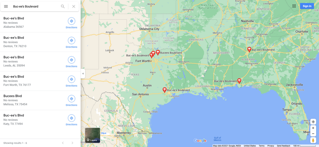 10/24/21 Google Maps Screenshot of Six Buc-ee's Boulevard Streets