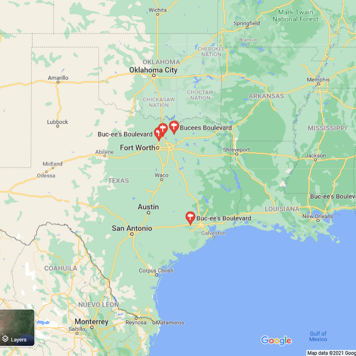 10/24/21 Google Maps Screenshot of Six Buc-ee's Boulevard Streets