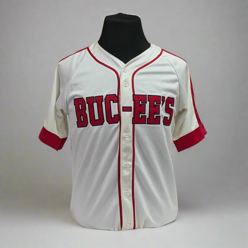 Buc-ee's Baseball Jersey is white with with Red Buc-ee's on it. Button down. 