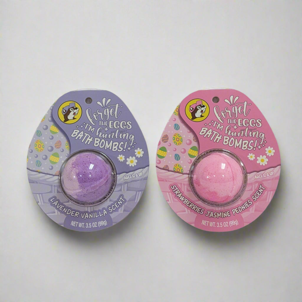 Buc-ee's Easter Bath Bombs with a purple lavender vanilla scent and pink strawberries Jasmine Peonies scent. 