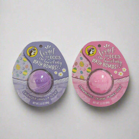 Buc-ee's Easter Bath Bombs with a purple lavender vanilla scent and pink strawberries Jasmine Peonies scent. 