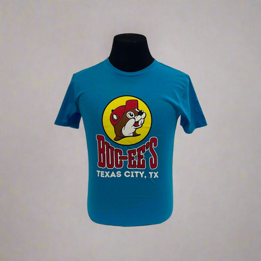 Buc-ee's blue location shirt with Texas City, TX on it with the logo. 