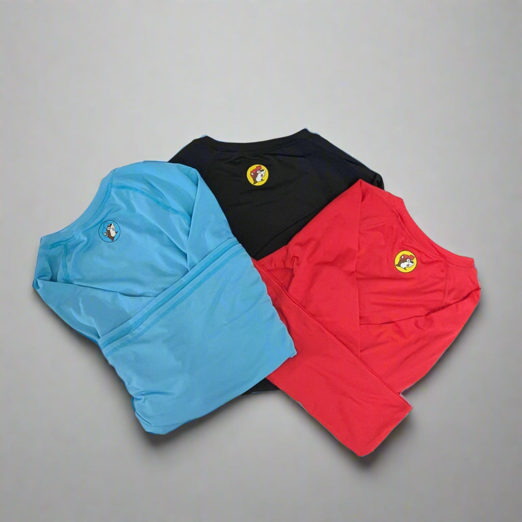 Buc-ee's Long Sleeve Swim Shirts. Blue, Black, and Red colors. 