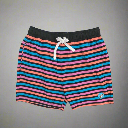 Buc-ee's Mens Striped Swimsuit. Pink, orange, and blue stripes. 