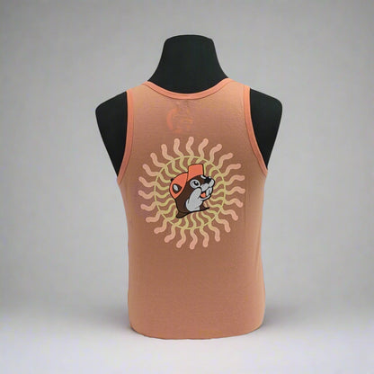 Buc-ee's Orange Sun Logo Tank Top. The back has a big Buc-ee's logo that takes up the whole back with sun rays around it. 