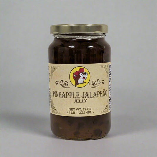 Jar of Buc-ee's Pineapple Jalapeño Jelly, 17 oz, featuring a blend of sweet pineapple and spicy jalapeño, perfect for spreads, glazes, and recipes.