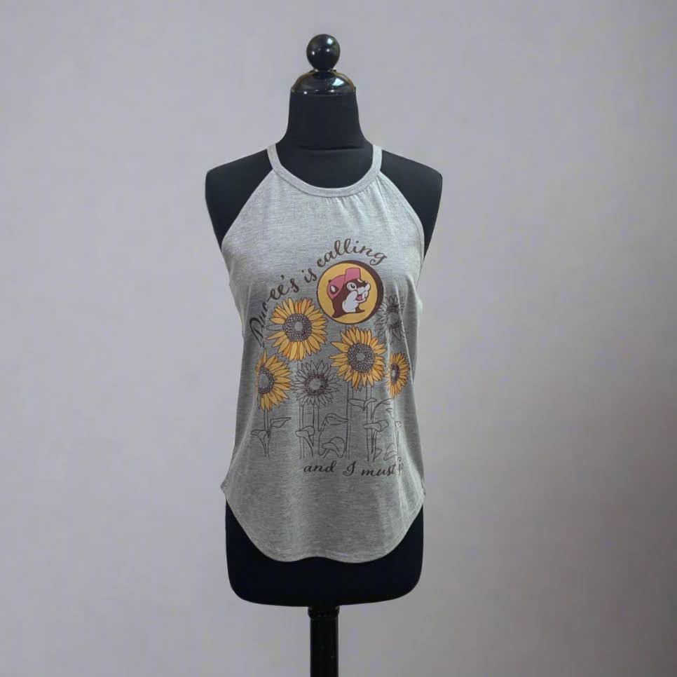 Buc-ee's Rocker Gray Tank with yellow flowers and the beaver on the front.