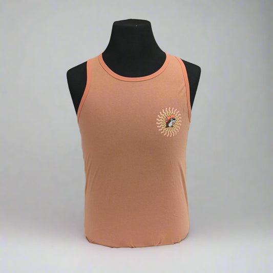 Buc-ee's Sun Logo Tank Top. Orange color the Front has a little Buc-ee's logo with sun rays around it. 