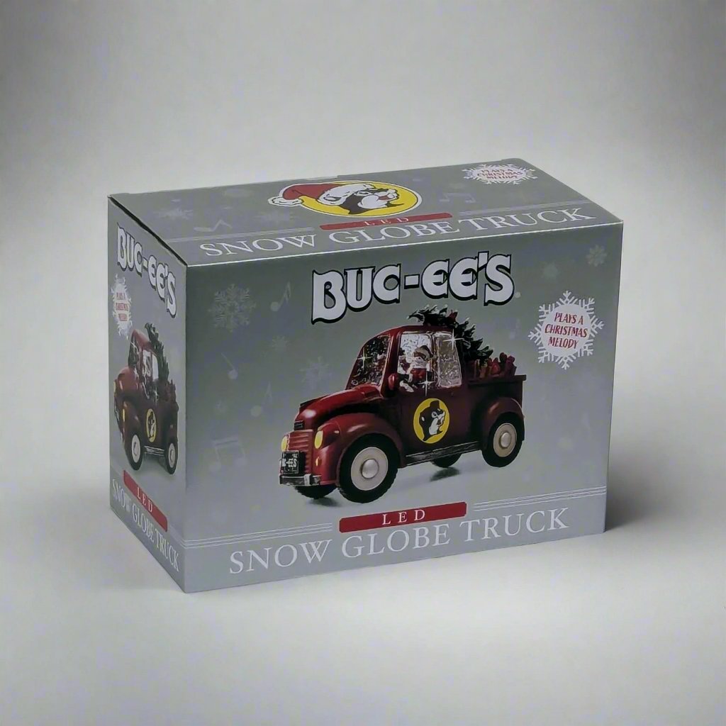 The product's original packaging featuring the Buc-ee's branding and holiday theme.