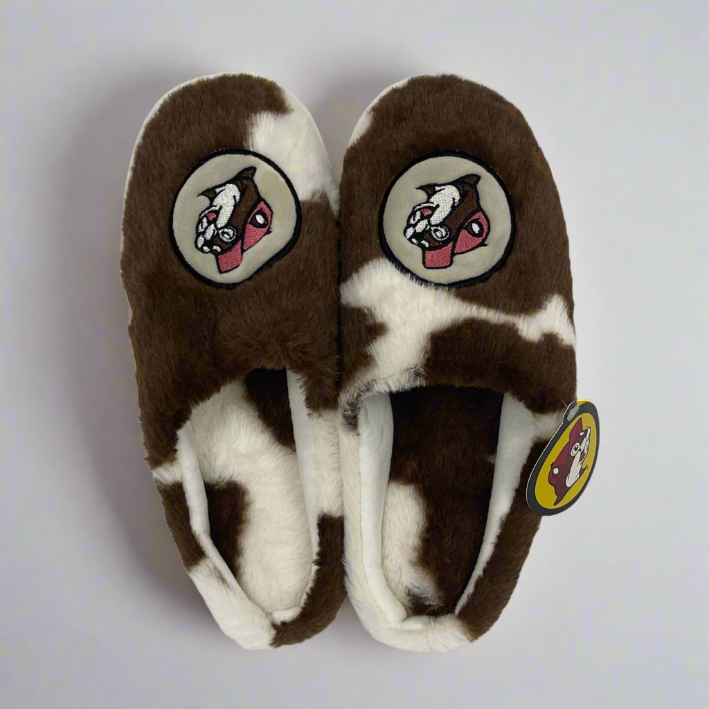 Buc-ee's Plush Cow Print Slippers