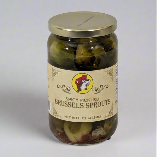 a 16 oz jar of spicy pickled brussels sprouts from Buc-ee's