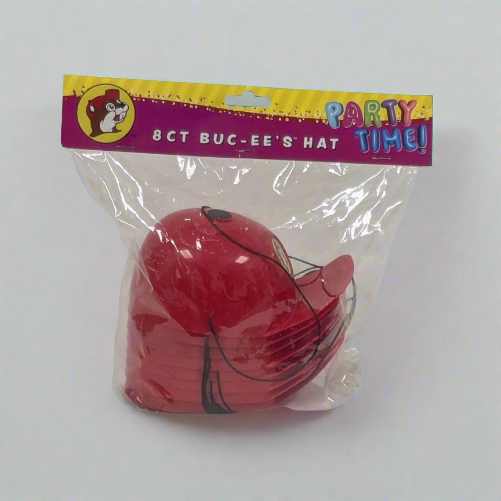 An 8-count pack of red Buc-ee's reusable plastic party hats in a clear bag with a Party Time! label on top