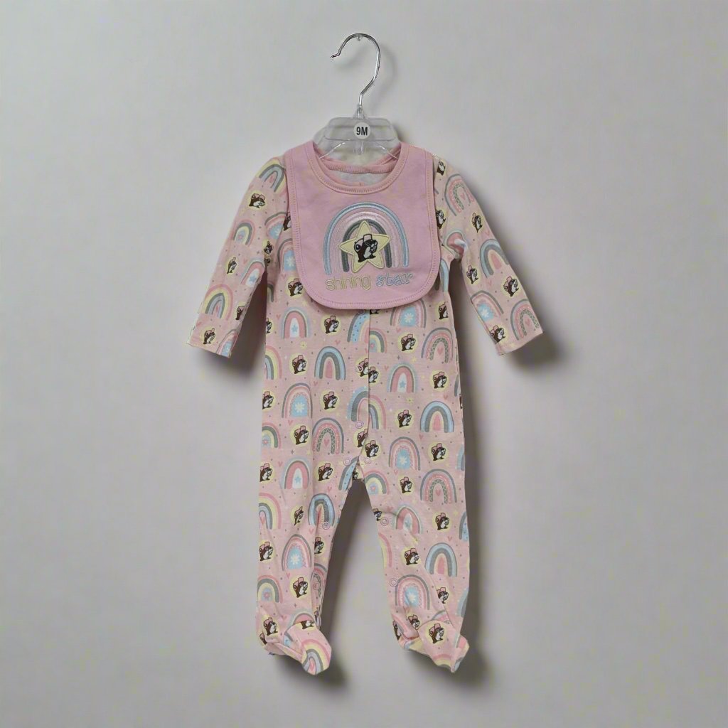 The pink rainbow sleeper with matching bib on a hanger